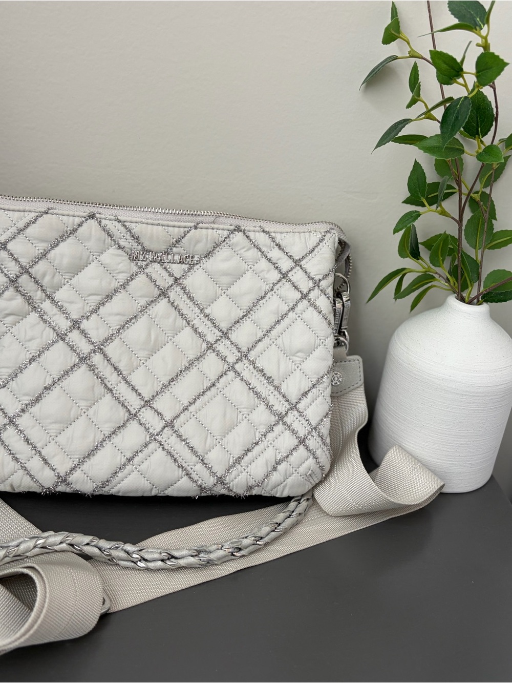 MZ Wallace Quilted Crossbody Bag in silver/white. BEAUTIFUL